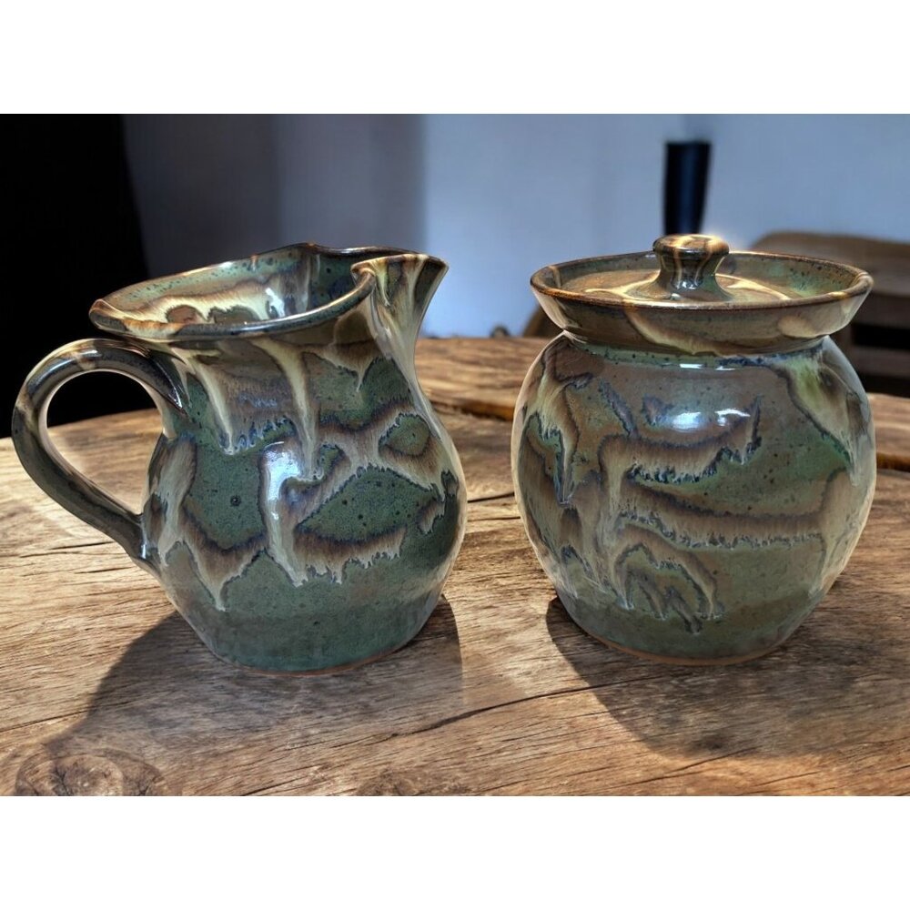 Martindale Art Pottery Creamer and Honey Pot Lidded Sugar Signed
